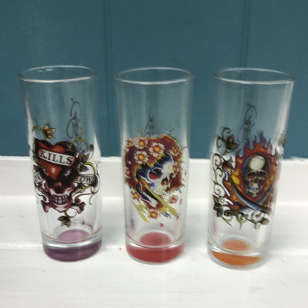 Ed Hardy by Christian‎ Audigier Shot Glasses Set of 3 Tall 4” Shooters